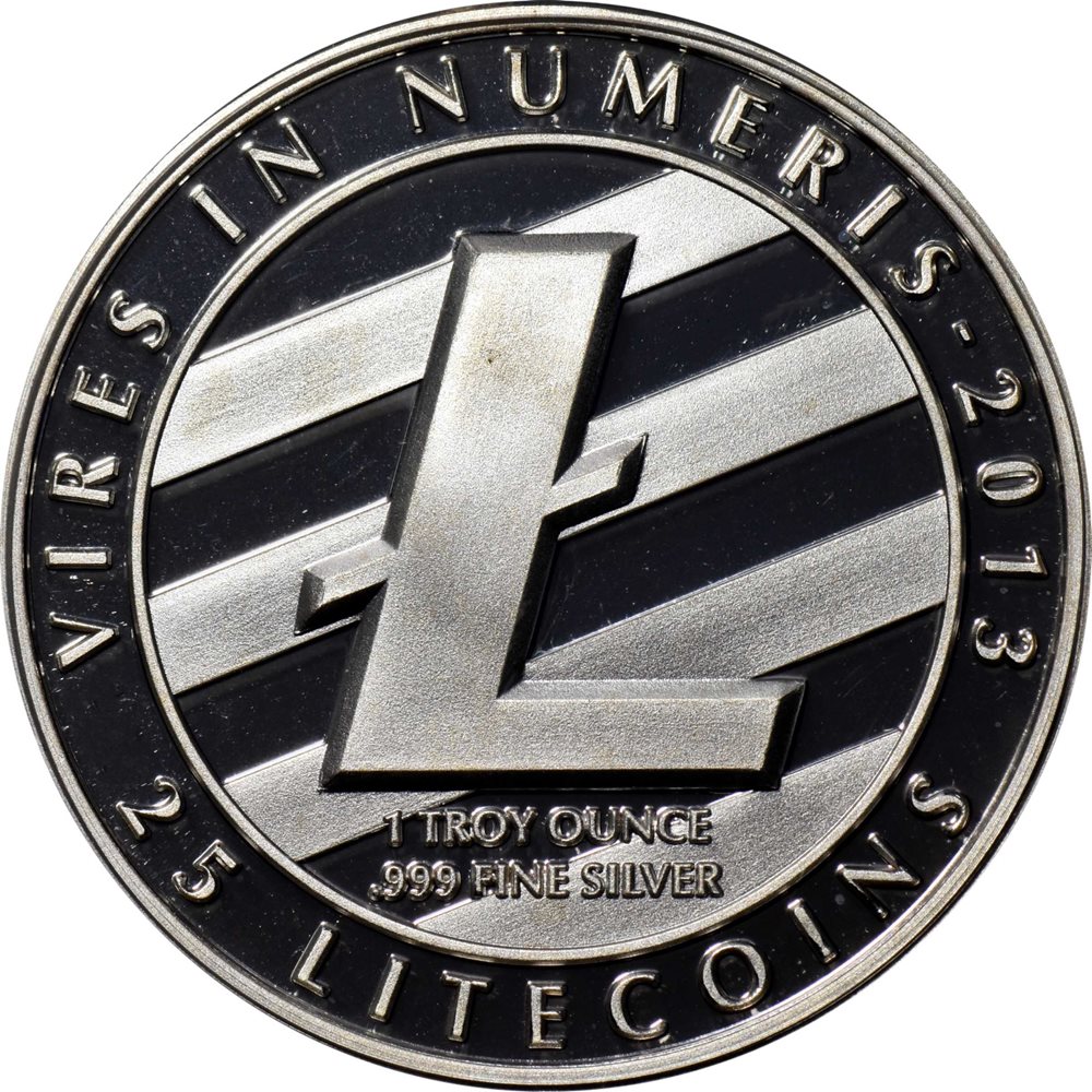 2013 Lealana 25 Litecoin (LTC). Silver. Loaded (Unredeemed). Firstbits  LTogUWUa. Serial No. 45. Black Address, Serialized. 39 mm. Proof-...,  PR66DCAM - PCGS Auction Prices
