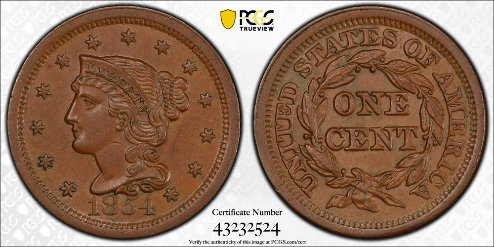 1854 Braided Hair Cent. N-10. Rarity-2+. MS-63 BN (PCGS