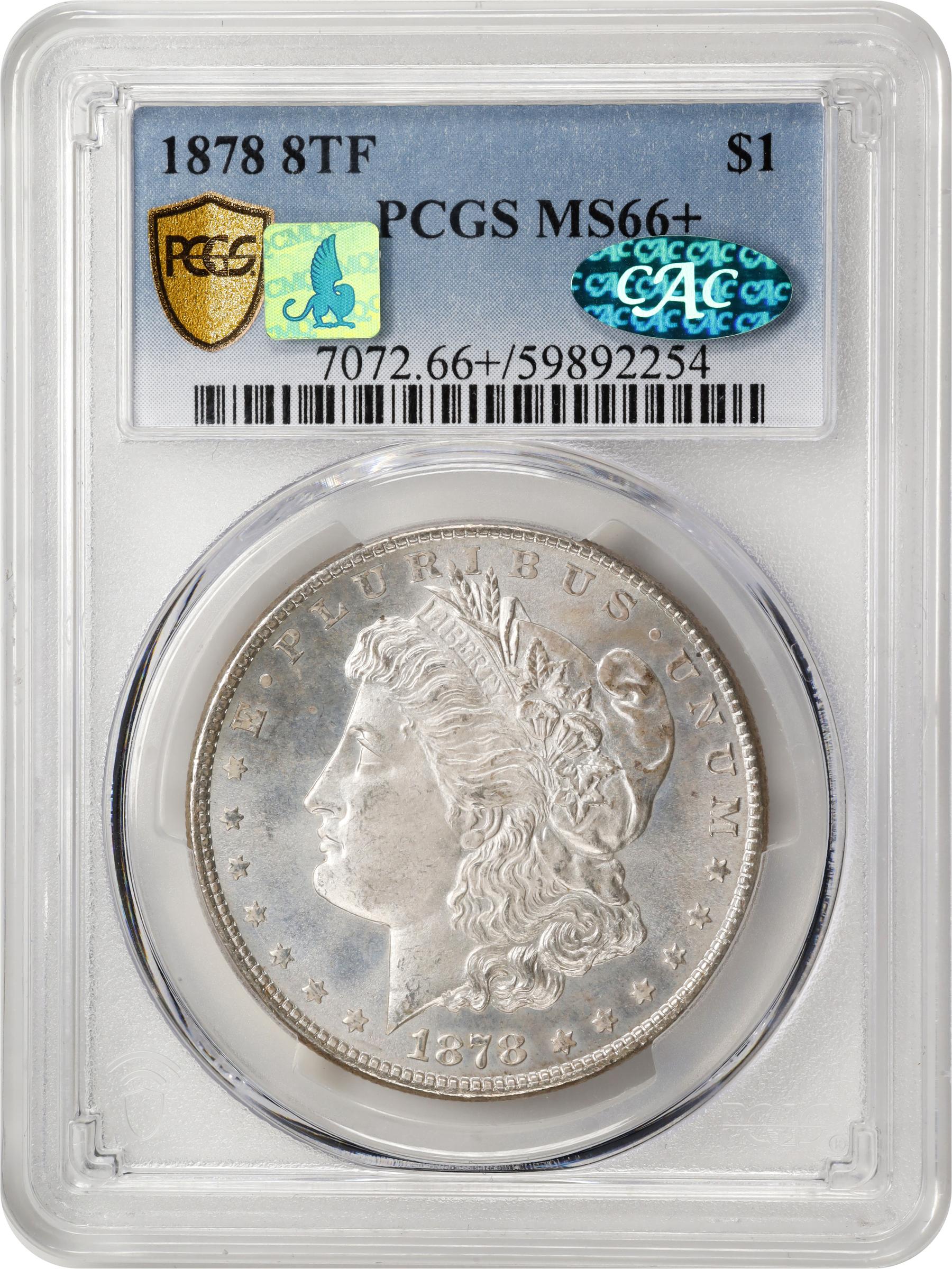 1878 Morgan Silver Dollar. 8 Tailfeathers. MS-66+ (PCGS). CAC. CMQ