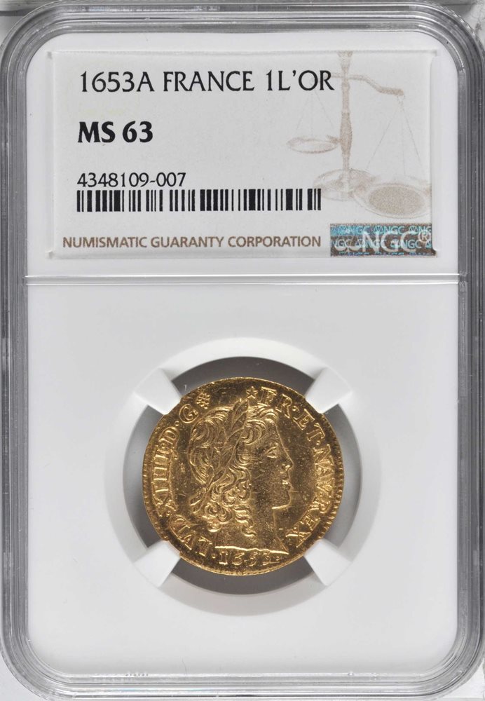 仏；ルイ16世、エキュ銀貨、Sobin.原品、NGCスラブ FRANCE. Louis d'Or, 1653-A. Louis XIV (1643-1715). NGC MS-63
