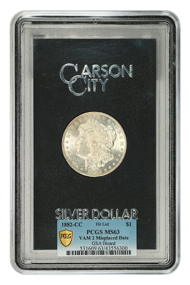 1882-CC $1 PCGS/GSA MS63 (VAM-2, Misplaced Date, With Box & COA