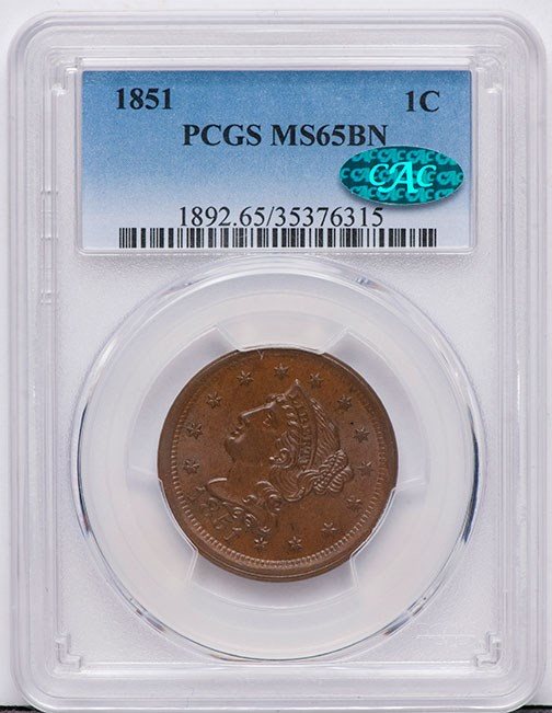 1C 1851 PCGS MS65 BN CAC, MS65BN - PCGS Auction Prices