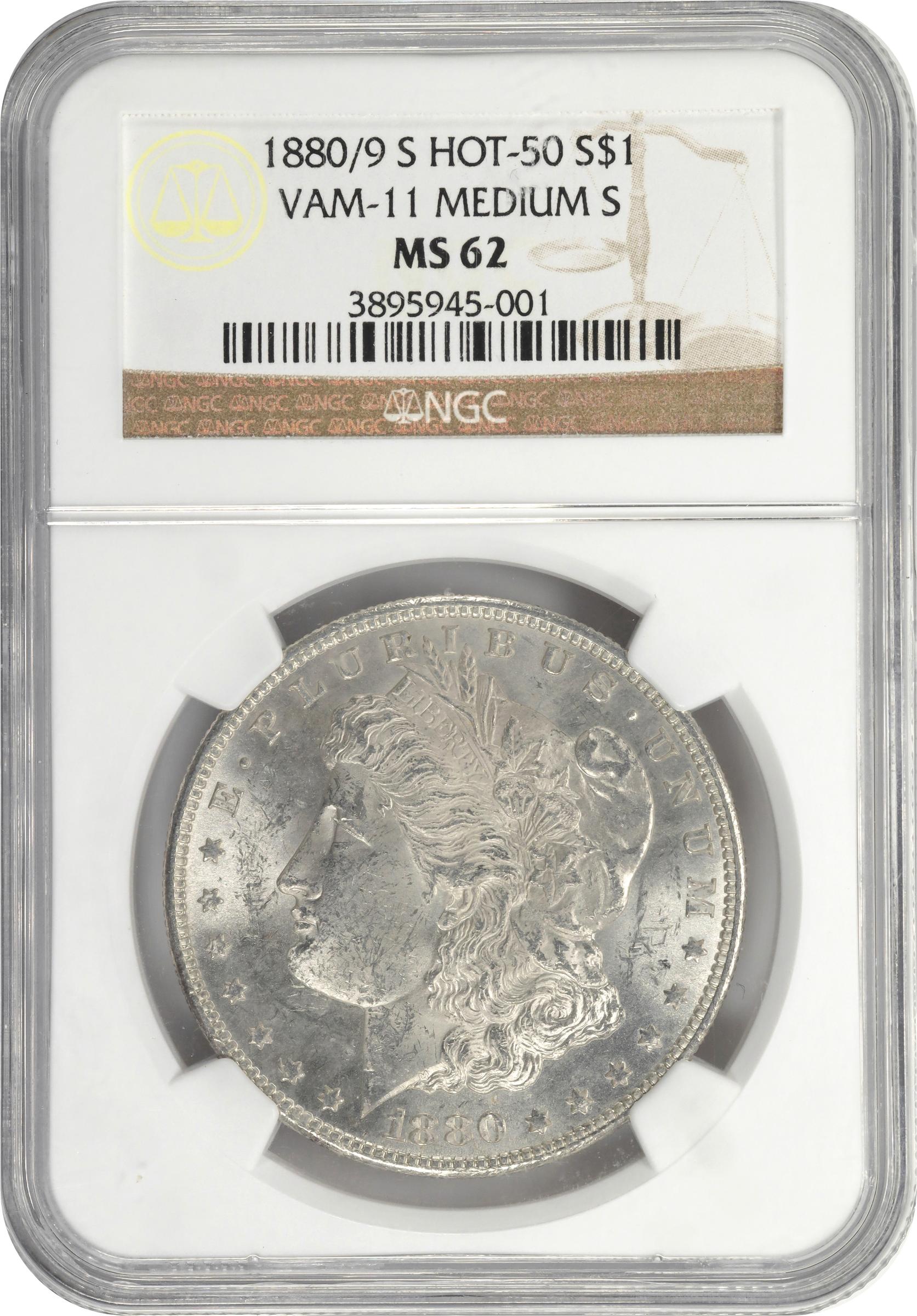 1880/9-S Morgan Silver Dollar. VAM-11. Hot 50 Variety. Medium S