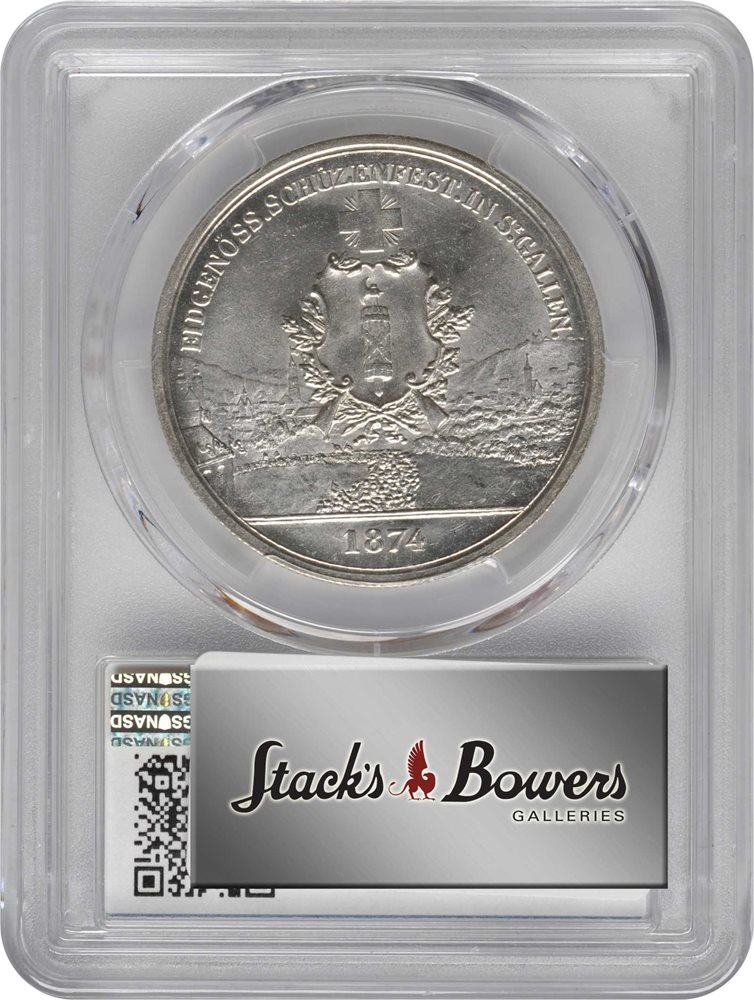 SWITZERLAND. St. Gallen Shooting Festival 5 Francs, 1874. PCGS MS