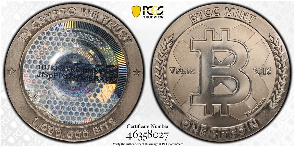 Redeemed 2016 BTCC 1 Bitcoin. Firstbits 1DJ8498V. Series V