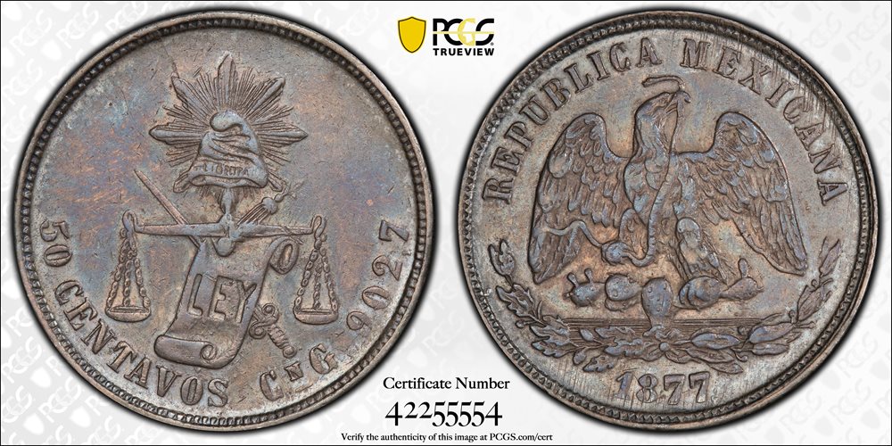 MEXICO. 50 Centavos, 1877-Cn G. Culiacan Mint. PCGS AU-55