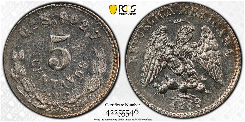 MEXICO. 5 Centavos, 1889-Ga S. Guadalajara Mint. PCGS MS-64