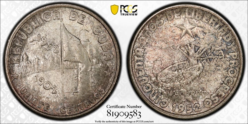 1952年 キューバ 20セント銀貨 PCGS 認証 CUBA. 20 Centavos, 1952. Philadelphia Mint. PCGS MS-66., MS66