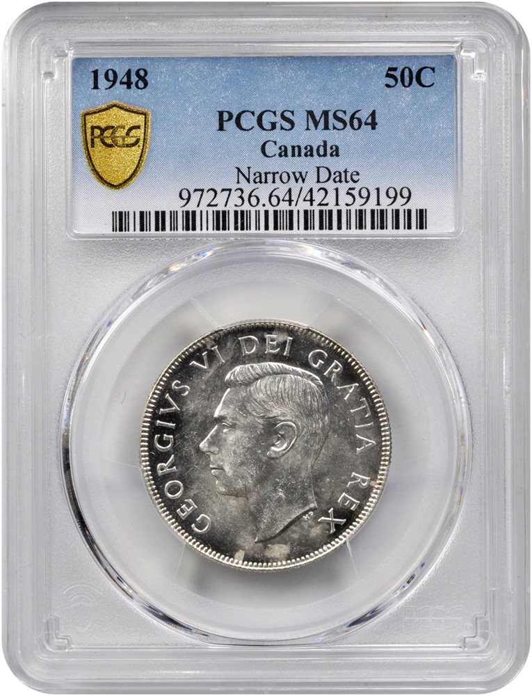 CANADA. 50 Cents, 1948. Ottawa Mint. PCGS MS-64 Gold Shield