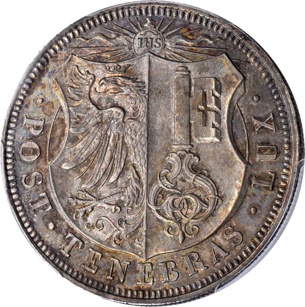 SWITZERLAND. Geneva. 5 Francs, 1848. PCGS MS-63 Gold Shield., MS63