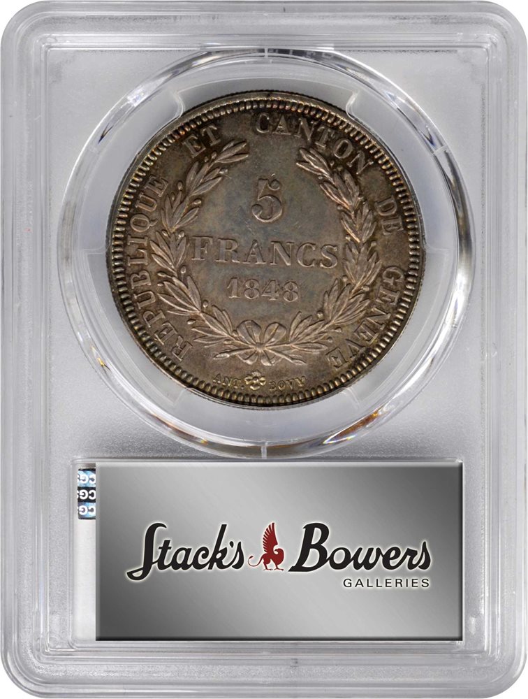 SWITZERLAND. Geneva. 5 Francs, 1848. PCGS MS-63 Gold Shield., MS63