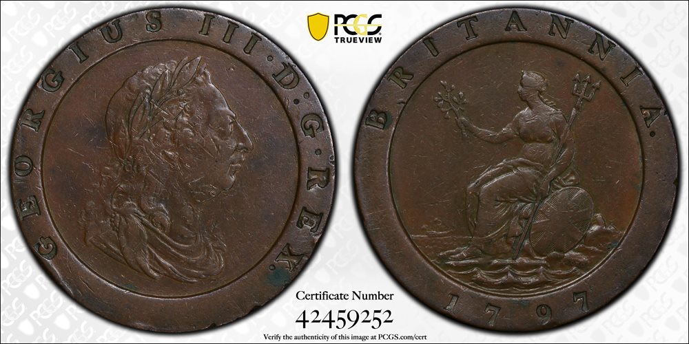 GREAT BRITAIN. 2 Pence, 1797. London Mint. George III. PCGS EF-45