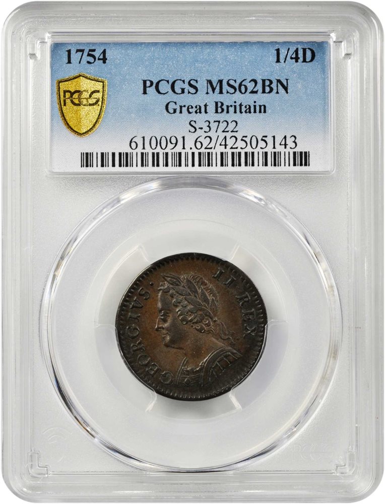 GREAT BRITAIN. Farthing (1/4 Penny), 1754. London Mint. George II