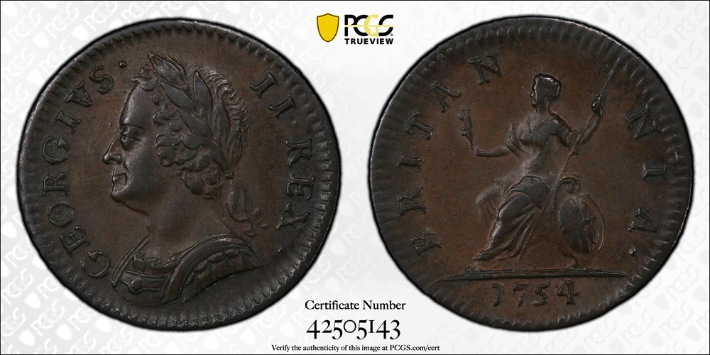 GREAT BRITAIN. Farthing (1/4 Penny), 1754. London Mint. George II