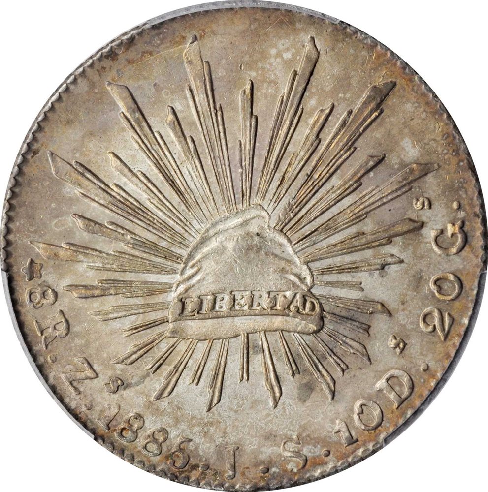 MEXICO. 8 Reales, 1885-Zs JS. Zacatecas Mint. PCGS MS-62 Gold