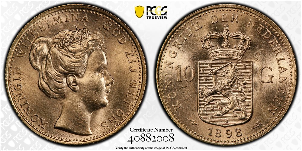 NETHERLANDS. 20 Gulden, 1898. Wilhelmina. PCGS MS-64 Gold Shield