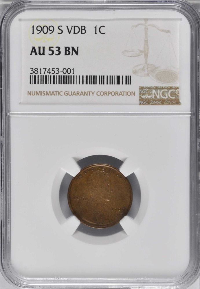 ATSU　ウォールナット　通常サイズ 1909-S Lincoln Cent. V.D.B. AU-53 BN (NGC)., AU53BN - PCGS