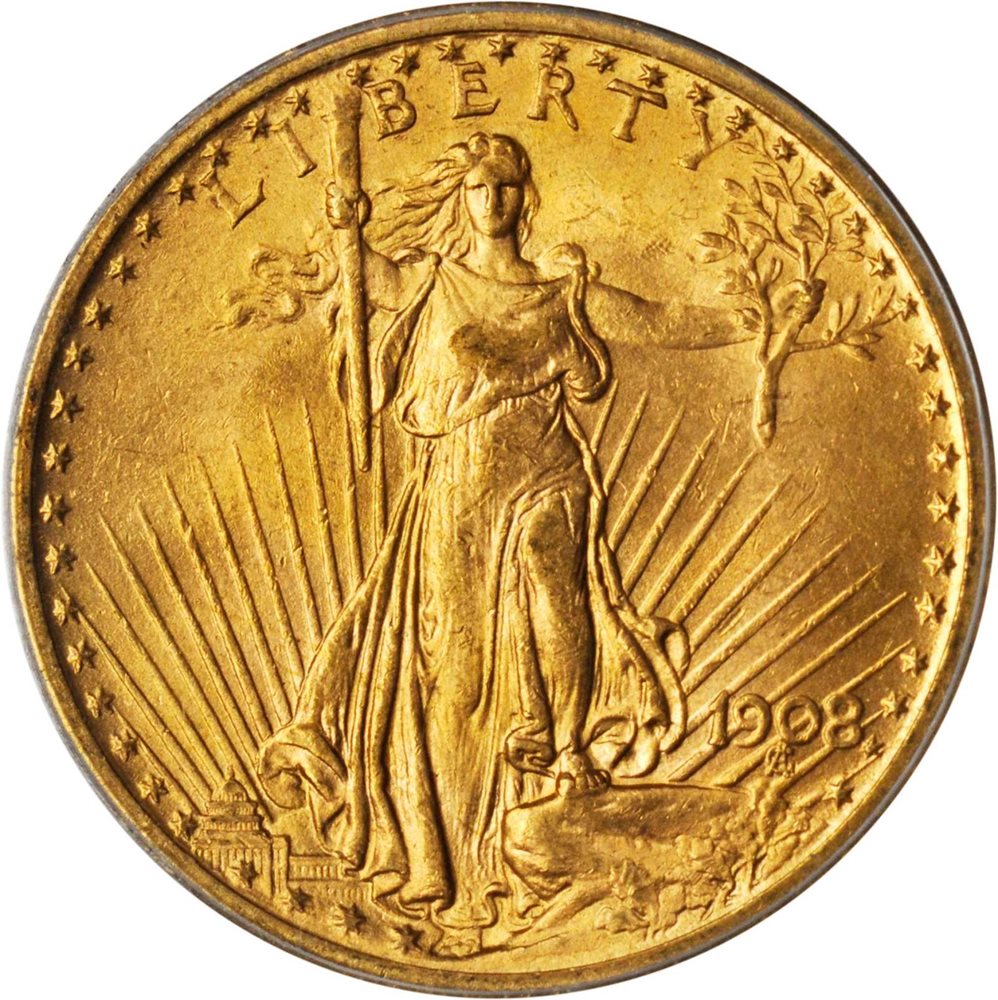 【BENTENSAMA GOD871 】Edwards 1908 Saint-Gaudens Double Eagle. No Motto. MS-64 (PCGS