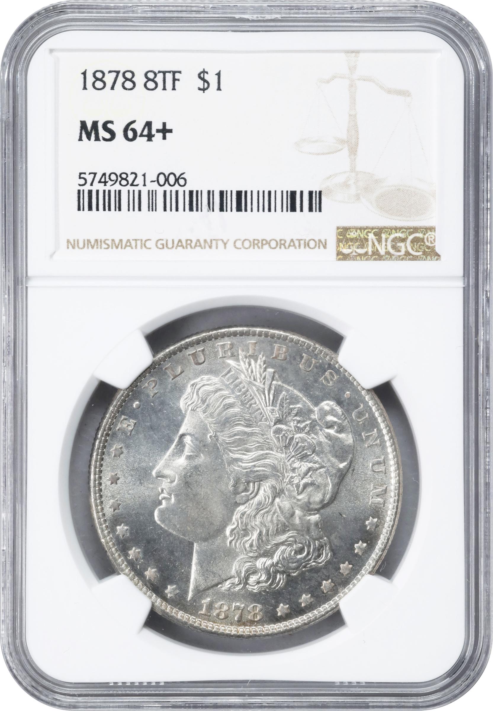 1878 Morgan Silver Dollar. 8 Tailfeathers. MS-64+ (NGC)., MS64+