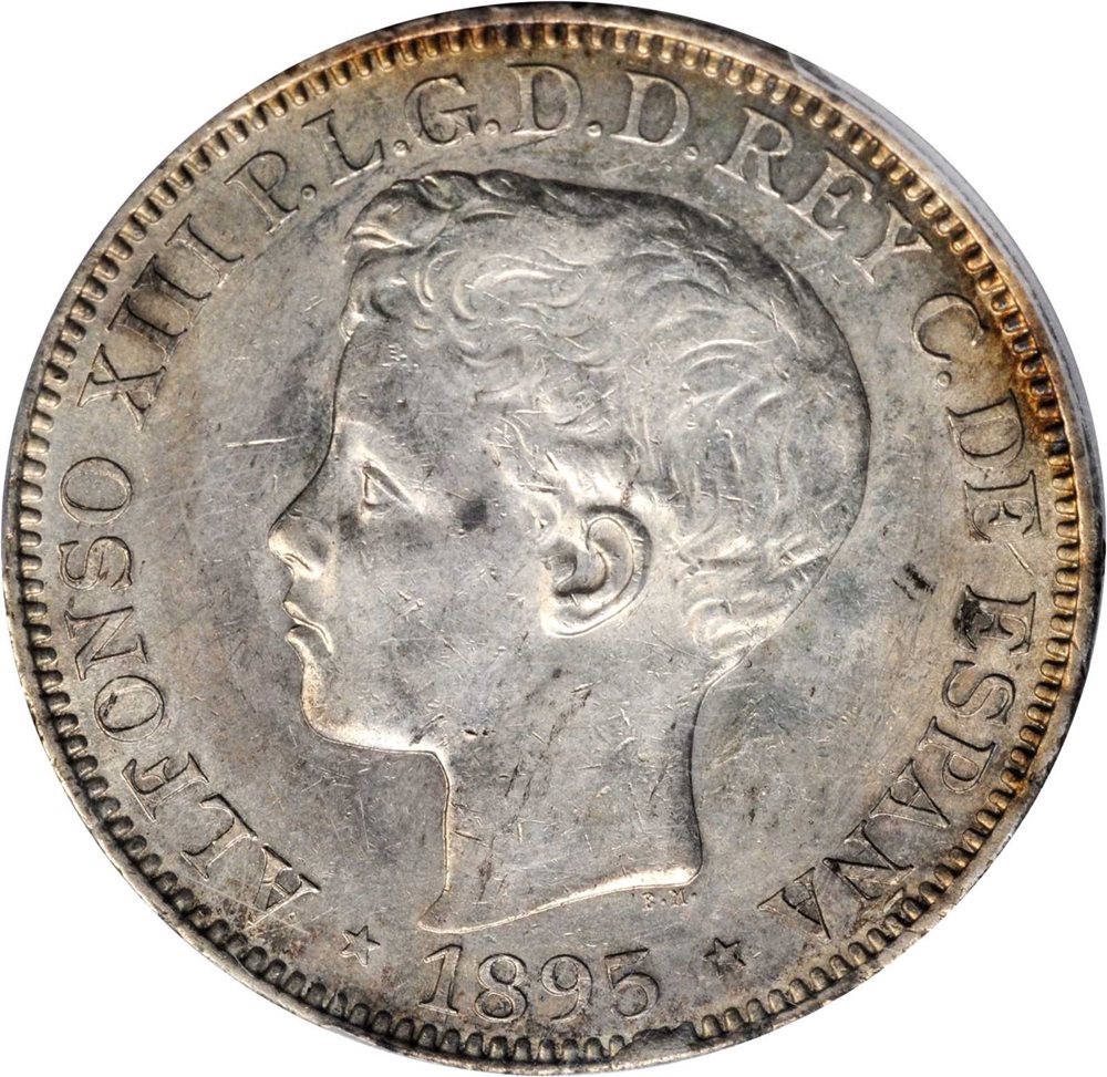 PUERTO RICO. Peso, 1895-PG V. Madrid Mint. Alfonso XIII. PCGS AU